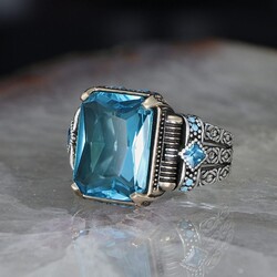 Chain Series 925 Sterling Blue Topaz Stone Men's Silver Ring - 2