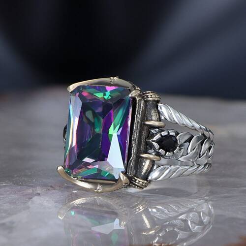 Chain Series 925 Sterling Mystic Topaz Men's Silver Ring - 3