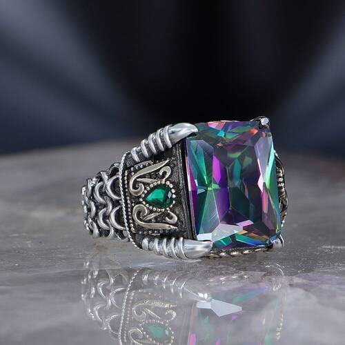 Chain Series 925 Sterling Mystic Topaz Men's Silver Ring - 2