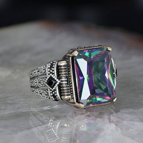 Chain Series 925 Sterling Mystic Topaz Men's Silver Ring - 2