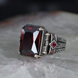 Chain Series 925 Sterling Red Zircon Men's Silver Ring - 3