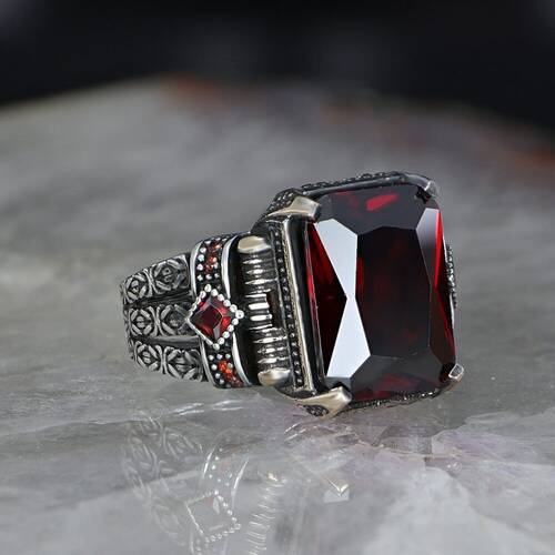 Chain Series 925 Sterling Red Zircon Men's Silver Ring - 1