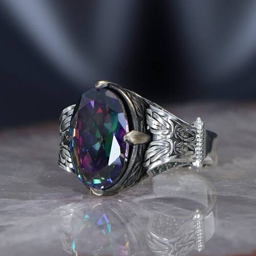 Chain Series 925 Sterling Silver Men's Ring with Mystic Topaz Stone - 1