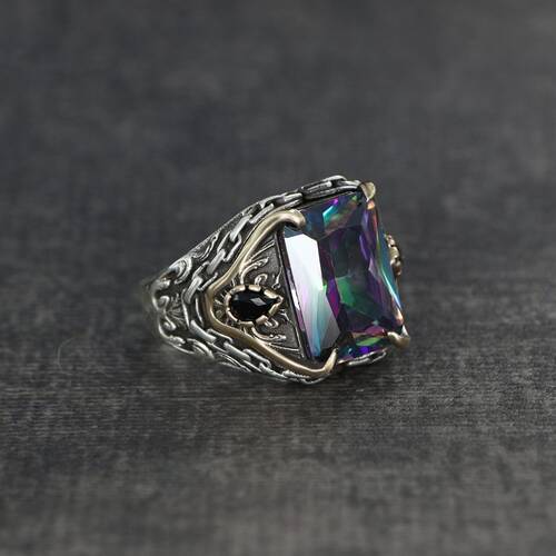 Chain Series 925 Sterling Silver Men's Ring with Mystic Topaz Stone - 1