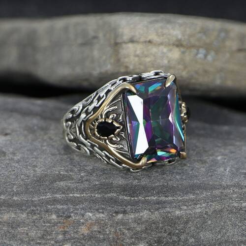 Chain Series 925 Sterling Silver Men's Ring with Mystic Topaz Stone - 2