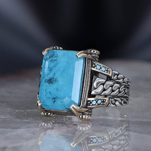 Chain Series 925 Sterling Silver Men's Ring with Paraiba Stone - 3