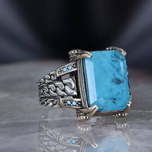 Chain Series 925 Sterling Silver Men's Ring with Paraiba Stone - 1