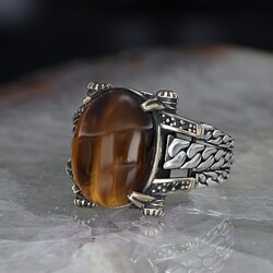 Chain Series 925 Sterling Silver Men's Ring with Tiger's Eye Stone - 1