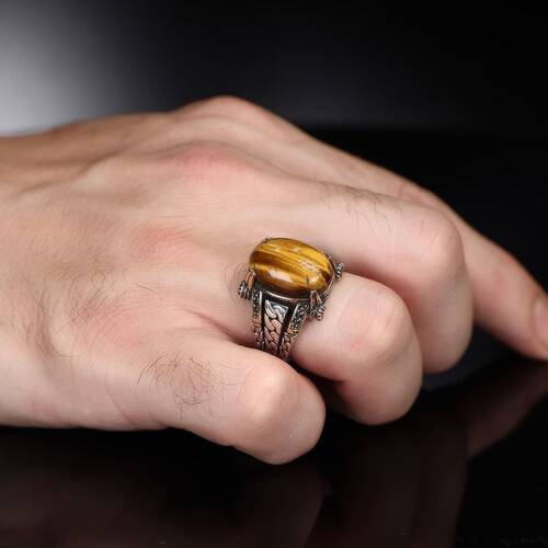 Chain Series 925 Sterling Silver Men's Ring with Tiger's Eye Stone - 2