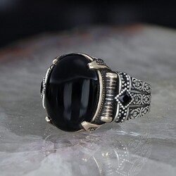 Chain Series 925 Sterling Silver Onyx Stone Men's Ring - 1