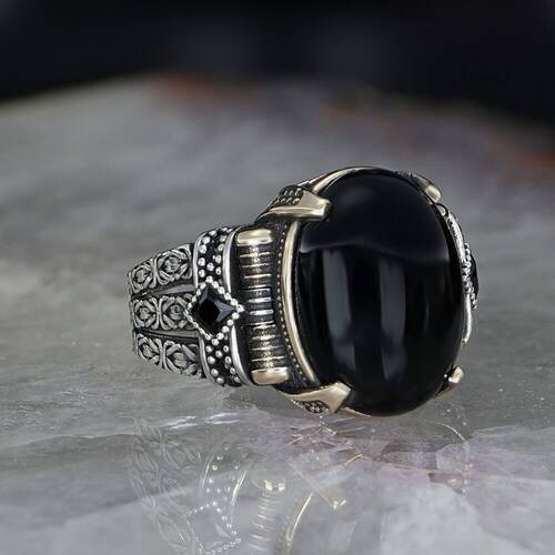 Chain Series 925 Sterling Silver Onyx Stone Men's Ring - 2