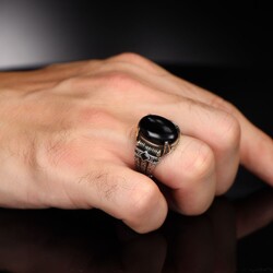 Chain Series 925 Sterling Silver Onyx Stone Men's Ring - 3