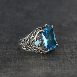 Chain Series Aqua Marine Stone 925 Sterling Silver Men's Ring - 1