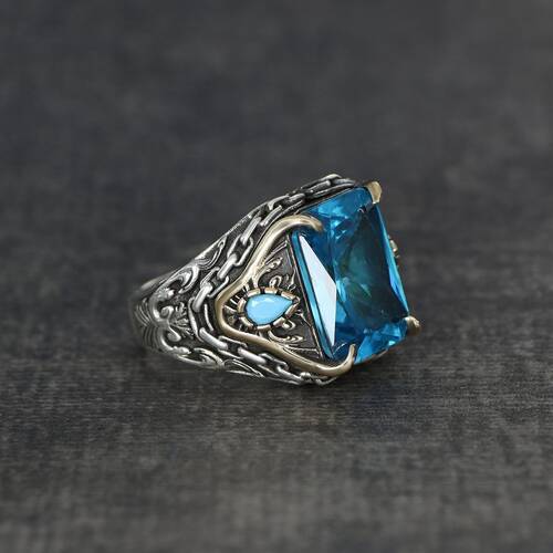 Chain Series Aqua Marine Stone 925 Sterling Silver Men's Ring - 1