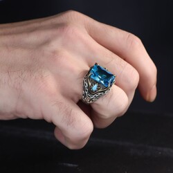 Chain Series Aqua Marine Stone 925 Sterling Silver Men's Ring - 3