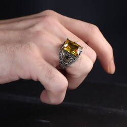 Chain Series Citrine Stone 925 Sterling Silver Men's Ring - 3