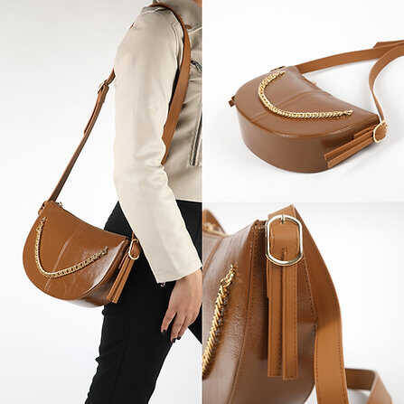 Cross Chain Detail Leather Strap Shoulder Bag - 1