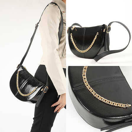 Cross Chain Detail Leather Strap Shoulder Bag - 1