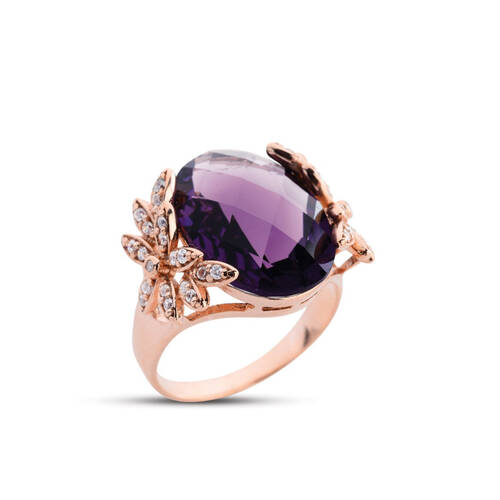 Flower Garden Amethyst Stone Rose Silver Ring - 1