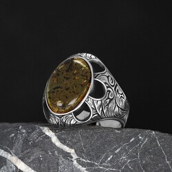 Fossil Drop Amber Stone Men's Silver Ring - 2