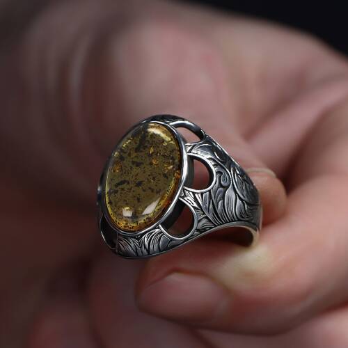 Fossil Drop Amber Stone Men's Silver Ring - 3