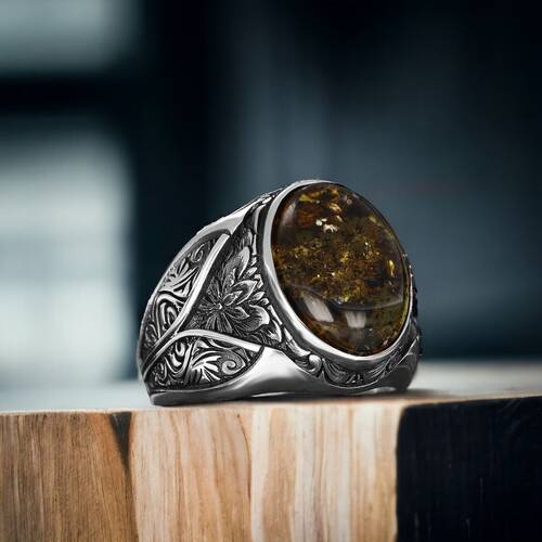 Fossil Drop Amber Stone Men's Silver Ring - 2