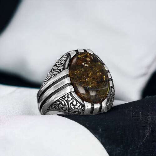 Fossil Drop Amber Stone Men's Silver Ring - 2