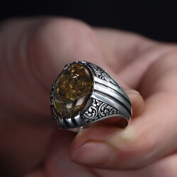 Fossil Drop Amber Stone Men's Silver Ring - 3