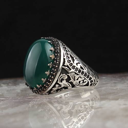 Green Agate Stone Patterned 925 Sterling Silver Men's Ring - 1