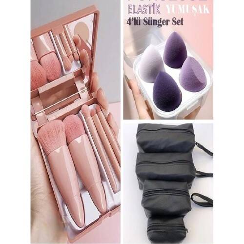 Halvey Professional Portable Mirrored Makeup Brush Set 5-Piece + 4-Piece Boxed Sponge + 4-Piece Make-up Bag - 1