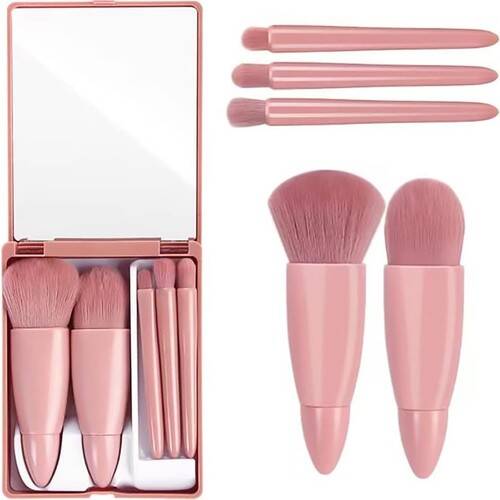 Halvey Professional Portable Mirrored Makeup Brush Set 5-Piece Pink Color - 1