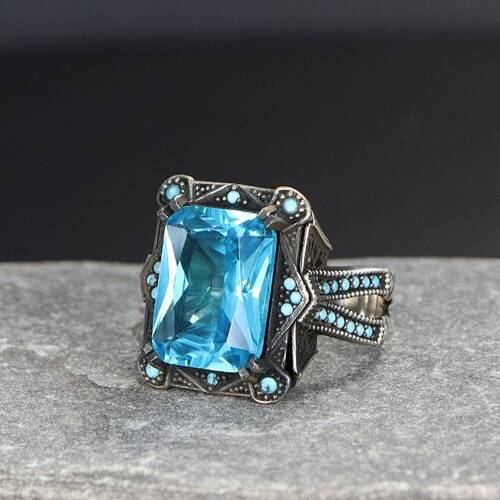 King Chain Model Blue Topaz Stone 925 Sterling Silver Men's Ring - 1