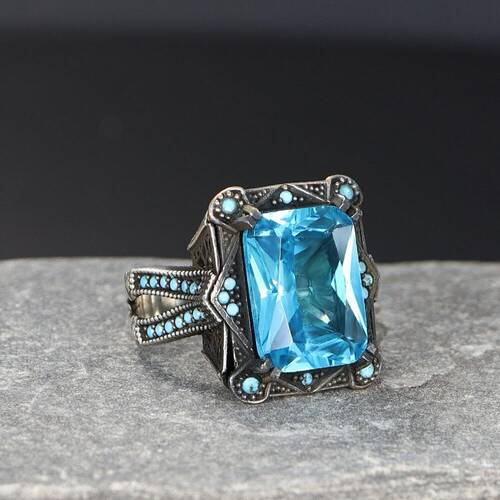 King Chain Model Blue Topaz Stone 925 Sterling Silver Men's Ring - 3