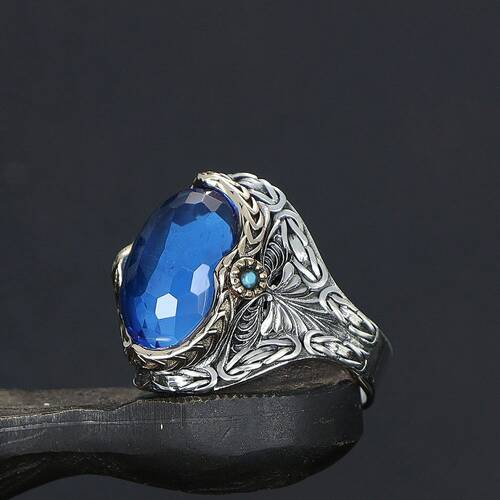 King Chain Model Blue Topaz Stone 925 Sterling Silver Men's Ring - 1