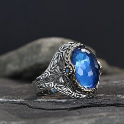 King Chain Model Blue Topaz Stone 925 Sterling Silver Men's Ring - 2