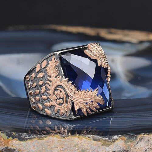 Leaf Patterned Zircon Stone Rhodium Plated Silver Ring - 1