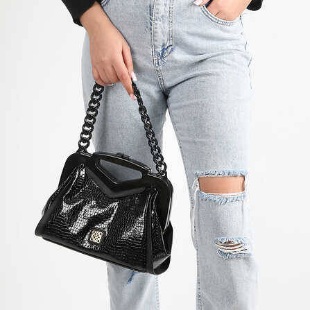 Leather Shoulder Bag with Chain Strap - 1