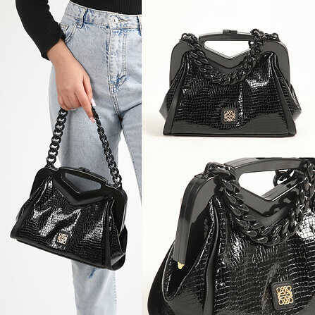 Leather Shoulder Bag with Chain Strap - 2