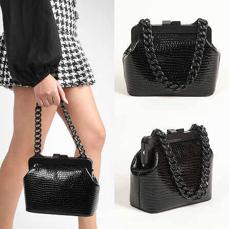 Leather Shoulder Bag with Chain Strap - 1