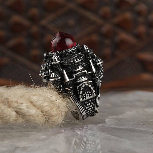 Mosque Model Silver Men's Ring with Amber Stone - 1