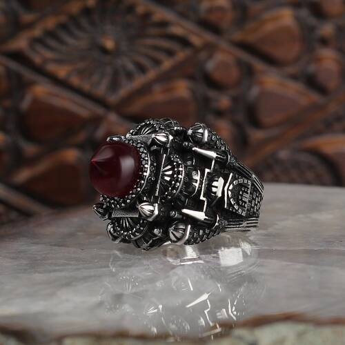 Mosque Model Silver Men's Ring with Amber Stone - 2