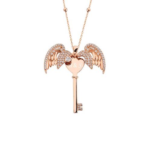 Name Key Silver Necklace with Angel Wings - 1