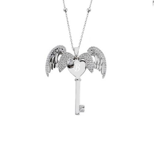 Name Key Silver Necklace with Angel Wings - 1