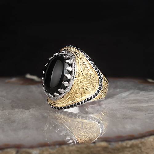 Onyx Stone Pen Engraved Silver Men's Ring - 1