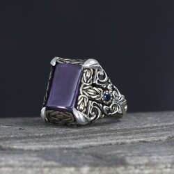 Patterned Model Amethyst Stone 925 Sterling Silver Men's Ring - 1