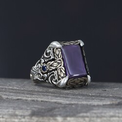 Patterned Model Amethyst Stone 925 Sterling Silver Men's Ring - 2