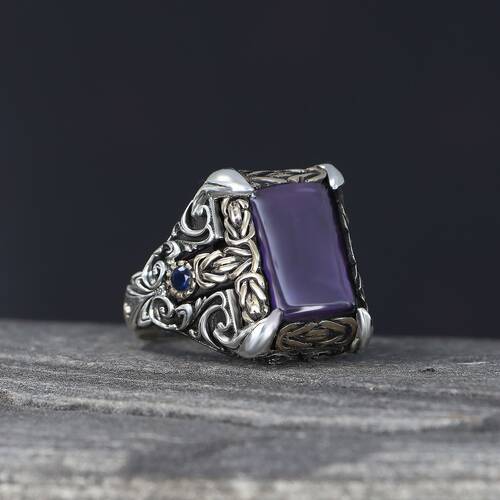 Patterned Model Amethyst Stone 925 Sterling Silver Men's Ring - 2