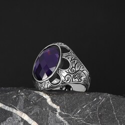 Patterned Model Amethyst Stone 925 Sterling Silver Men's Ring - 1