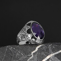 Patterned Model Amethyst Stone 925 Sterling Silver Men's Ring - 2