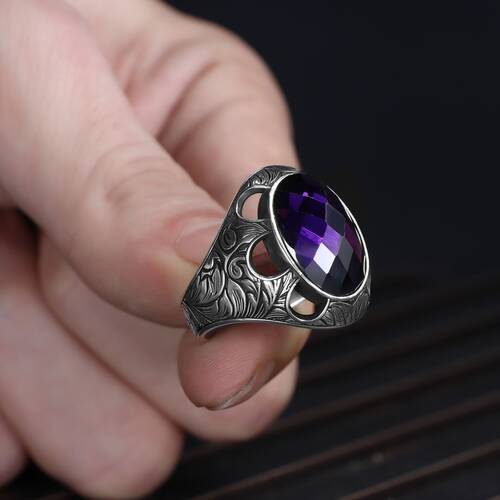 Patterned Model Amethyst Stone 925 Sterling Silver Men's Ring - 3